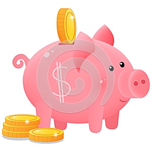 Color image of cute piggy bank or moneybox with coins on white background. Money and finance. Vector illustration