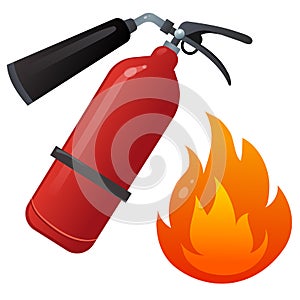 Color image of fire extinguisher and flame on a white background. Vector illustration set.