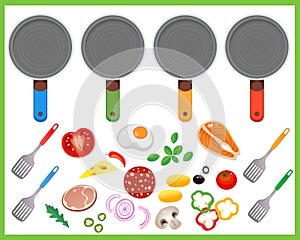 Color image of frying pans and products. Food ingredients on white background. Food and meals. Dishes and crockery. Vector