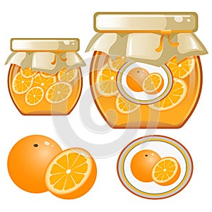 Color image of jar of orange jam. Berries and fruits. Food and cooking. Vector illustration