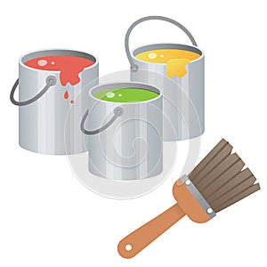 Color image of oil paint with brush on white background. Art and drawing. Vector illustration for kids
