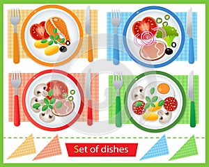 Color image of portion lunch or dinner on white background. Food and meals. Dishes and crockery. Vector illustration set  kids