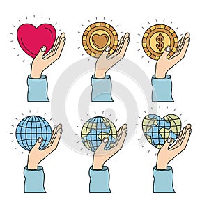 Color image set hands holding a earth world and coins with heart shape charity symbols