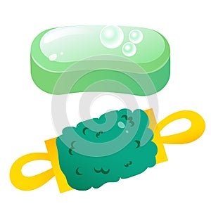 Color image of soap and washcloth on white background. Clean and hygiene. Vector illustration set