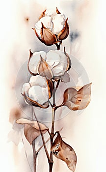 Color image of some cotton flowers on a white background with large pods and dried plants. AI generated