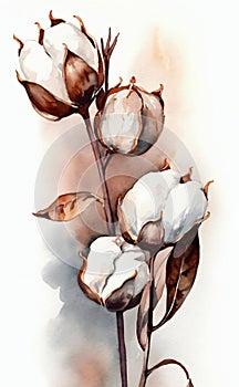 Color image of some cotton flowers on a white background with large pods and dried plants. AI generated