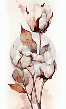 Color image of some cotton flowers on a white background with large pods and dried plants. AI generated