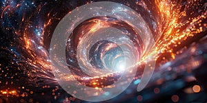 Color image of a warp tunnel in deep space. Matter particles spin in the vortex of gravity. Hyperspace. Generative AI