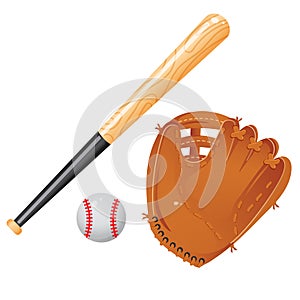 Color images of baseball bat, of ball and of catcher`s mitt or glove on white background. Sports equipment. Vector illustration