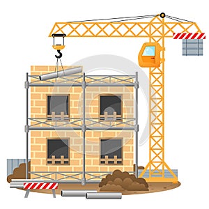 Color images of build of house, elevating crane on a white background. Vector illustration for kids.