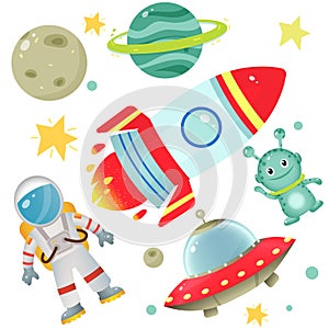 Color images of cartoon astronaut with rocket, of aliens with flying saucer and planets with stars on white background. Space.