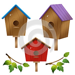 Color images of cartoon birdhouses on white background. Vector illustration set for kids