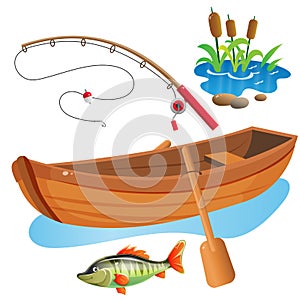 Color images of cartoon boat with paddles, fishing rod and big fish on white background. Hobby and fishery. Vector illustration photo