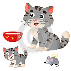 Color images of cartoon cat with kitten on white background. Pets. Vector illustration set for kids