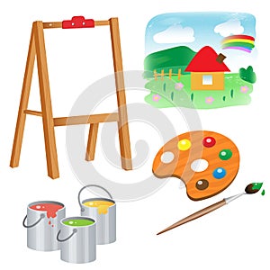 Color images of cartoon easel, of kids drawings with watercolor paint and brush on white background. Vector illustration set for