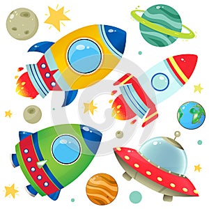 Color images of cartoon rockets, flying saucer and planets with stars on white background. Space. Vector illustration set for kids