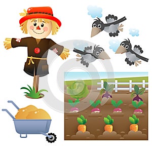 Color images of cartoon stuffed or scarecrow with crows on white background. Vegetable garden. Vector illustration set for kids