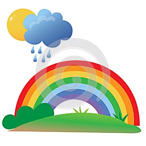 Color images of cartoon sun with clouds, rain and rainbow on white background. Outdoors games. Vector illustration set