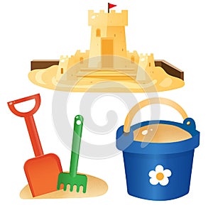 Color images of children`s scoop with bucket and sand castle on white background. Outdoors games. Vector illustration set