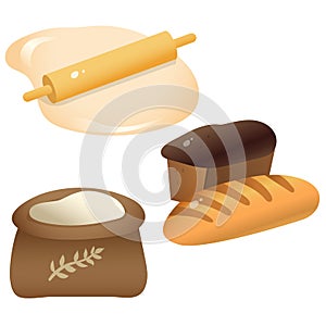 Color images of dough with rolling pin, flour and bread with wheat loaf on white background. Food and meals. Kitchen and cooking.