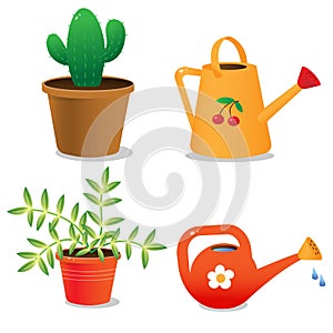 Color images of house plants with watering cans on white background. Vector illustration set
