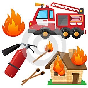 Color images set of fire truck, extinguisher, burning house and flame on a white background. Vector illustration for kids.