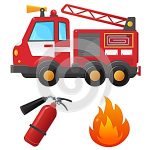 Color images set of fire truck, extinguisher and flame on a white background. Vector illustration of transport for kids