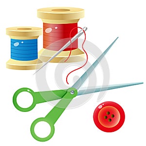 Color images of spools of thread with needle, scissors and red button on a white background. Set for sewing. Vector illustration