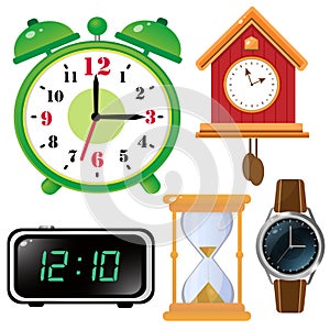 Color images of watches on white background. Alarm clock, hourglass, wall clock with cuckoo, electronic timepiece, wristwatch. photo