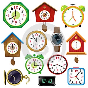 Color images of watches on white background. Alarm clock,  wall clock with cuckoo, electronic timepiece, wristwatch. Vector