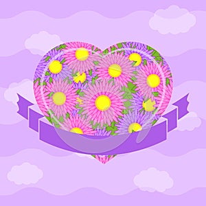 Color isolated heart against a sky with clouds. With a romantic flower pattern. with ribbon banner for the text in front. Simple