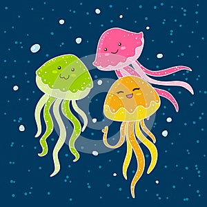 Color jellyfishes on blue