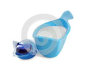 Color laundry capsule and detergent powder on white background