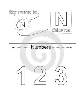 Color the letter and picture. Coloring alphabet. Letter N and numbers