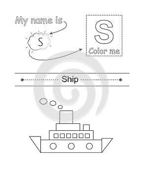 Color the letter and picture. Coloring alphabet. Letter S and cartoon ship