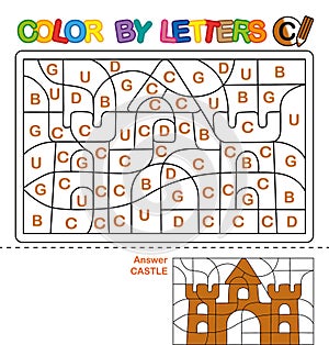 Color by letters. Learning the capital letters of the alphabet. Puzzle for children. Letter C. Castle. Preschool Education.