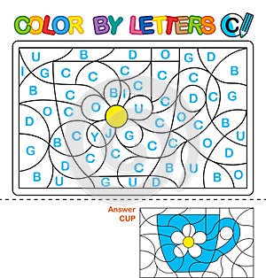 Color by letters. Learning the capital letters of the alphabet. Puzzle for children. Letter C. Cup. Preschool Education.