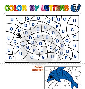 Color by letters. Learning the capital letters of the alphabet. Puzzle for children. Letter D. Dolphin. Preschool Education.