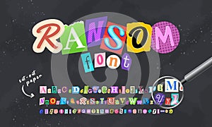 Color letters, numbers and punctuation marks cut from newspapers and magazines. Ransom, anonymous or detective font photo