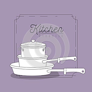 Color lilac background with decorative frame vintage and set silhouette stack of pots and pans kitchen utensils photo