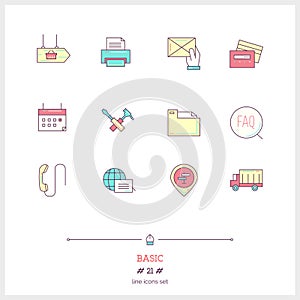 Color line icon set of basic, universal objects and tools elements. Basic tools for webpage logo icons vector illustration