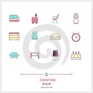 Color line icon set of furniture, interior objects and tools elements. Basic interior tools for webpage, fofa, chair, table and l photo