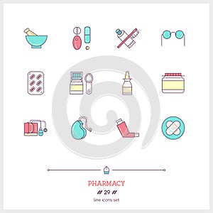 Color line icon set of pharmacy objects and products. Pharmacy L