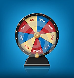 Color Lucky Wheel Template. Realistic Wheel of Fortune isolated on blue background. Vector illustration