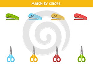 Color matching game for preschool kids. Match staplers and scissors by colors.