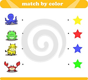 Color matching logic game with cute animal drawings octopus frog cow crab