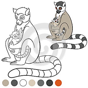 Color me: lemur. Mother lemur with her cute baby.