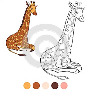 Color me: wild animals. Big kind giraffe lays and smiles