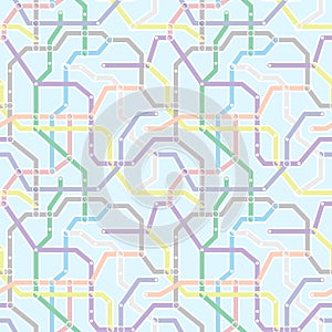 Color metro railway transport scheme on blue background. Abstract seamless vector pattern