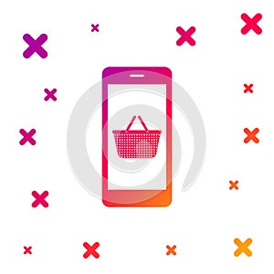 Color Mobile phone and shopping basket icon isolated on white background. Online buying symbol. Supermarket basket